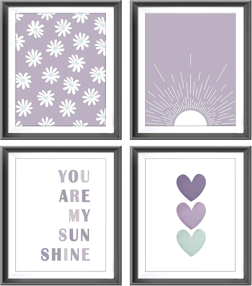 You are My Sunshine Boho Sage Purple Sun Sunshine Daisy Flower Hearts Poster Prints for Girls Kids Room Nursery Playroom Decor,Inspirational Quote Decorations Prints Wall Art Unframed 4pcs 8x10inches…