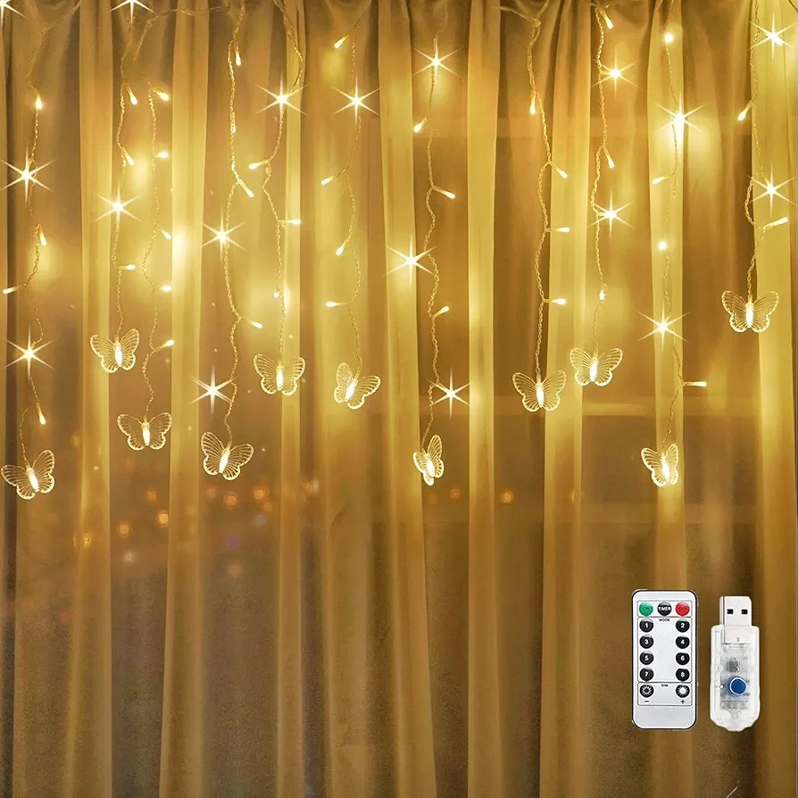 Butterfly Curtain Lights, 60LEDs 8 Modes Curtain Fairy String Lights, 8.2ft x 1.9ft Starry Twinkle Lights with Remote Control for Bedroom Weddings Christmas Tree Decoration (Warm White)