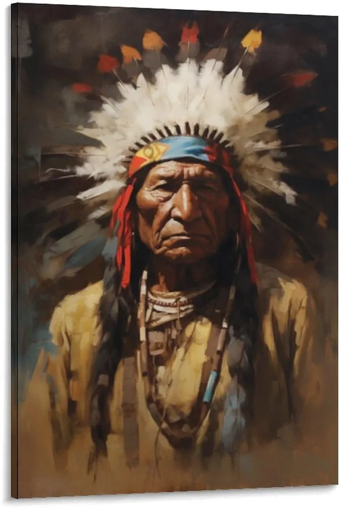 AAHARYA Indian Chief Color Painting on Canvas Prints, Native American Native Chief Wall Canvas Painting Wall Art Poster for Bedroom Living Room Decor 16x24inch(40x60cm) Frame-style