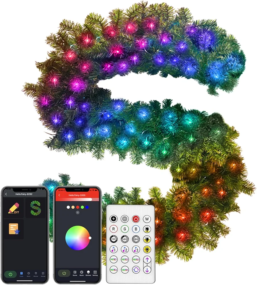 9FT Pre-lit Christmas Garland Decorations with DIY Color Changing 50 Led, App Remote Control Lighted Artificial Garland Music Timer for Stairs Railing Mantle Fireplace Table Room Xmas Decor, USB Power