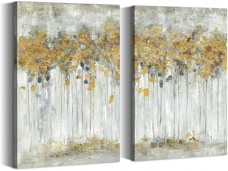 summer melody Yellow Abstract Canvas Wall Art: 2 Pieces Gold Modern Landscape Picture Rustic Forest Painting Vertical Contemporary Nature Scenery Tree Print Artwork for Bedroom Living Room