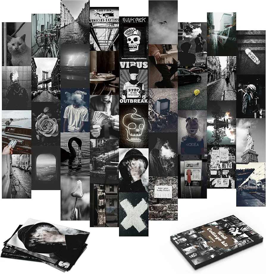 LOVEDMORE Grunge Aesthetic Wall Collage Kit - 40pcs 4x6inch Dark & Black Picture Set for Dorm & Bedroom Room Decor