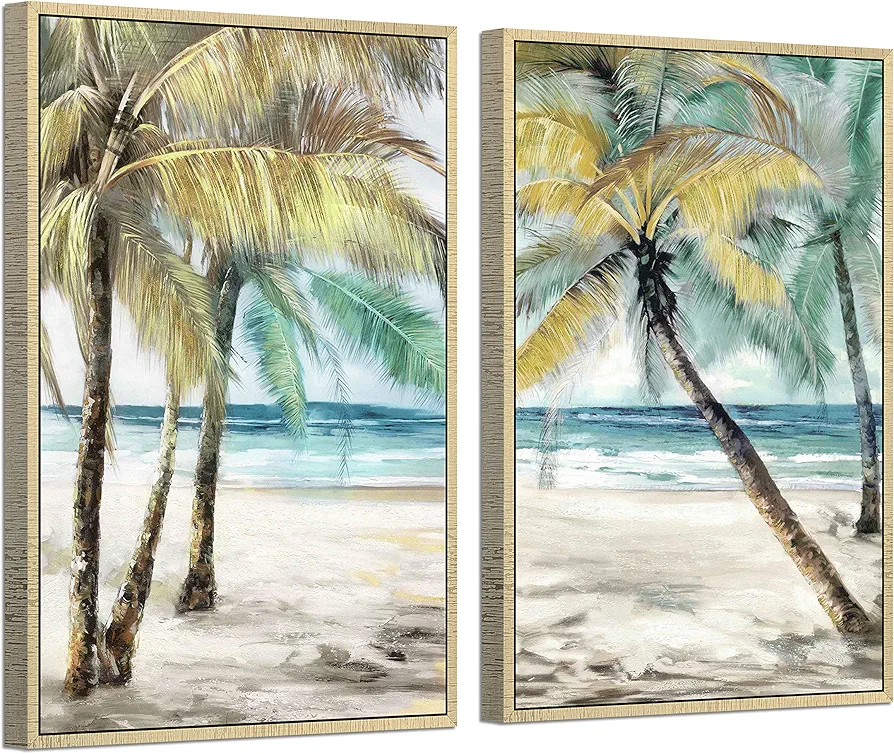 Abstract Palm Tree Paintings Framed: Tropical Seaside Coconut Tree Canvas Painting Golden Framed for Living Room (24''W x 36''H x 2 PCS, Multi-Sized)