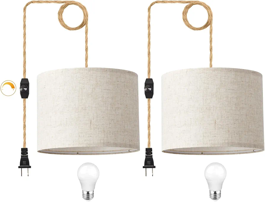 Plug in Pendant Light, Hanging Light with Plug in Cord with Dimmable Switch, Hanging Lamp with 15ft Hemp Rope, Beige Linen Shade, Hanging Light Fixture for Bedroom, Living Room 2 Pack