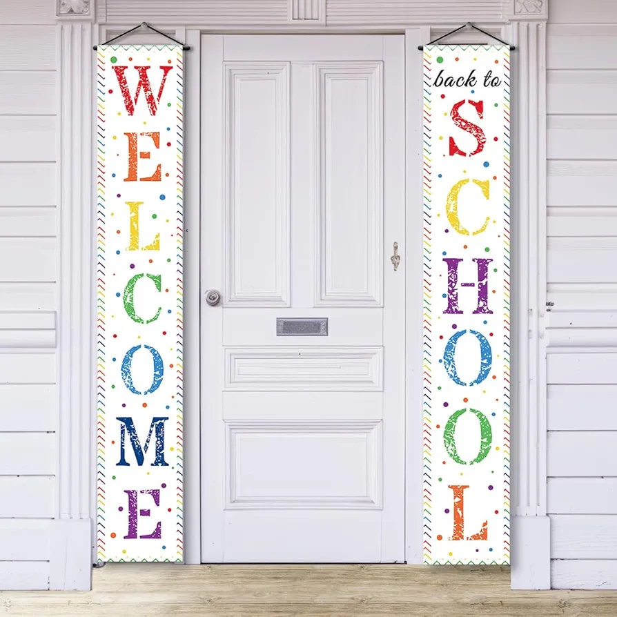 Welcome Back to School Door Banner Decorations White Colorful Welcome Back Hanging Porch Sign for Kindergarten Elementary Pre-School College Middle High School First Day Classroom Decor Supplies