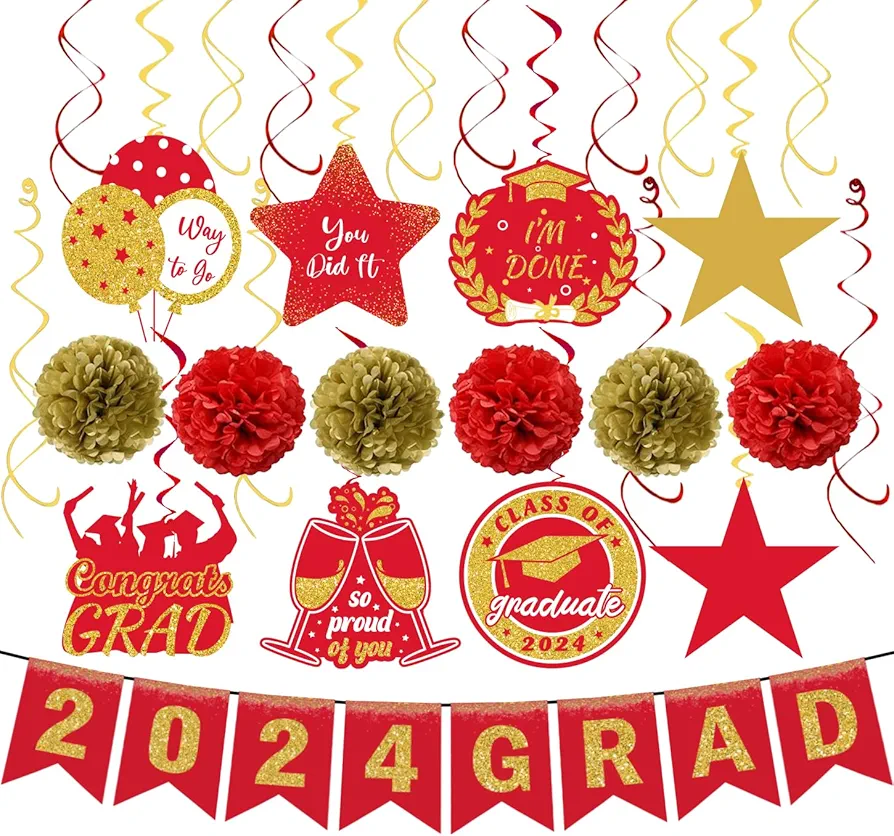 Graduation Party Decorations 2024 Red Pre-Assembled Hanging Swirls 2024 GRAD Banner Graduation Decorations Class of 2024 for Classroom Home Party