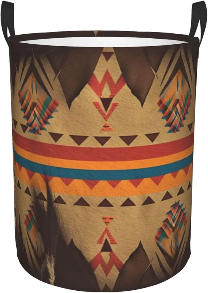 Native American Print Laundry Basket Circular Laundry Hamper with Handles Waterproof Circular Hamper Dirty Clothes Basket Portable Storage Bin for Home Organizer Living Room Bathroom Car Medium