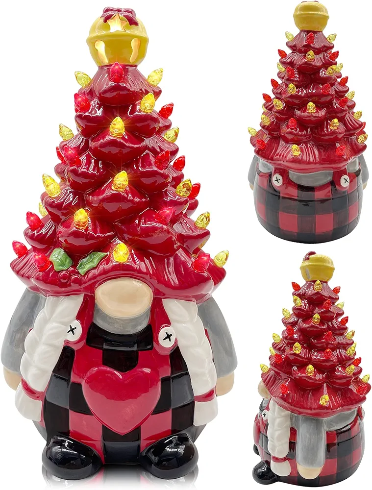 pinata Ceramic Christmas Tree Gnome, Cute Women Gifts Lighted LED Christmas Decorations Indoor for Home Room Table Top, Farmhouse Red Black Plaid Figurine Collectione, Christmas Table Decor (Her)