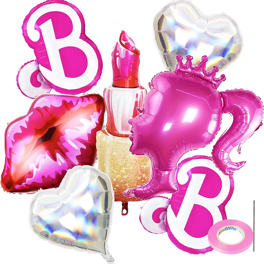 7pcs Jumbo Hot Pink Premium Foil Ballons, 32" Pink Girl Head Balloon Lip Laser Silver Heart Baloons for Princess Girl Birthday Party Decorations, Balloon Arch Kit Garland Photo Booth Backdrop Stand