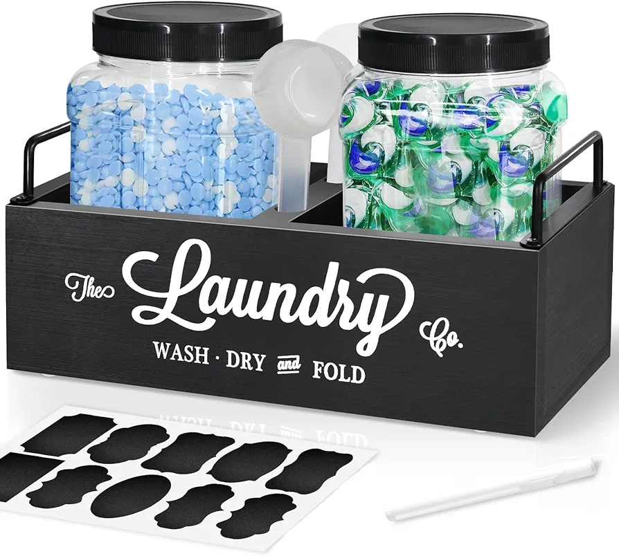 Laundry Pods Container for Laundry Room Organization, Laundry Detergent Dispenser with 2 Plastic Jars and 2 Scoops, Scent Booster Container Storage Box, Laundry Pod Holder for Laundry Room Decor