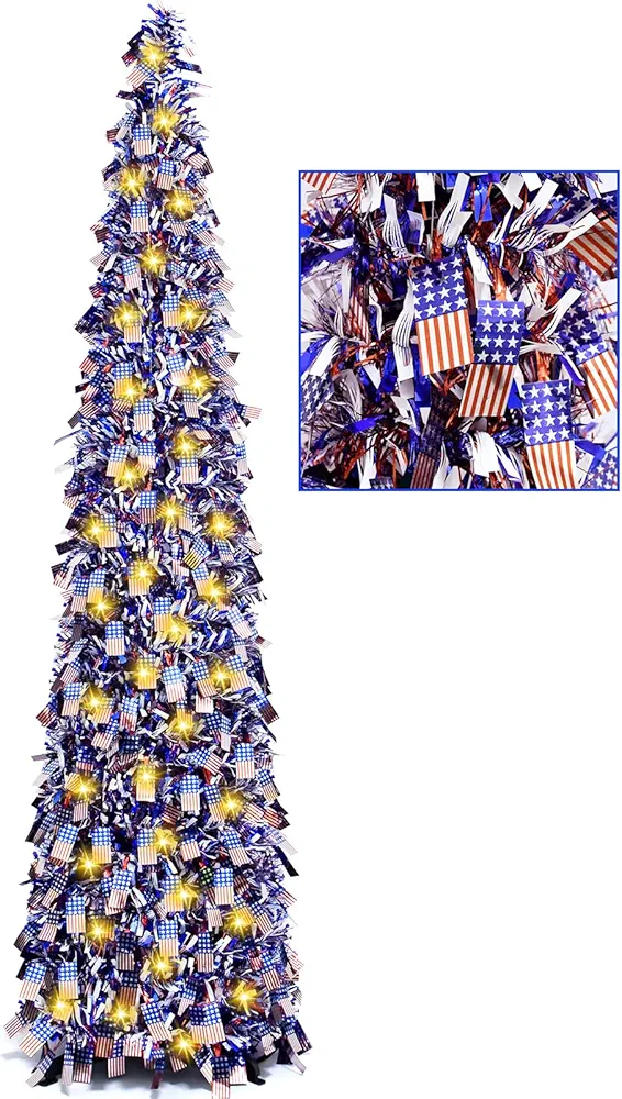 4th of July Patriotic Artificial Christmas Tree, 5 Ft Pop Up Collapsible Tinsel Christmas Tree Christmas Decorations for Home Fireplace Party Indoor Outdoor (American Flag)