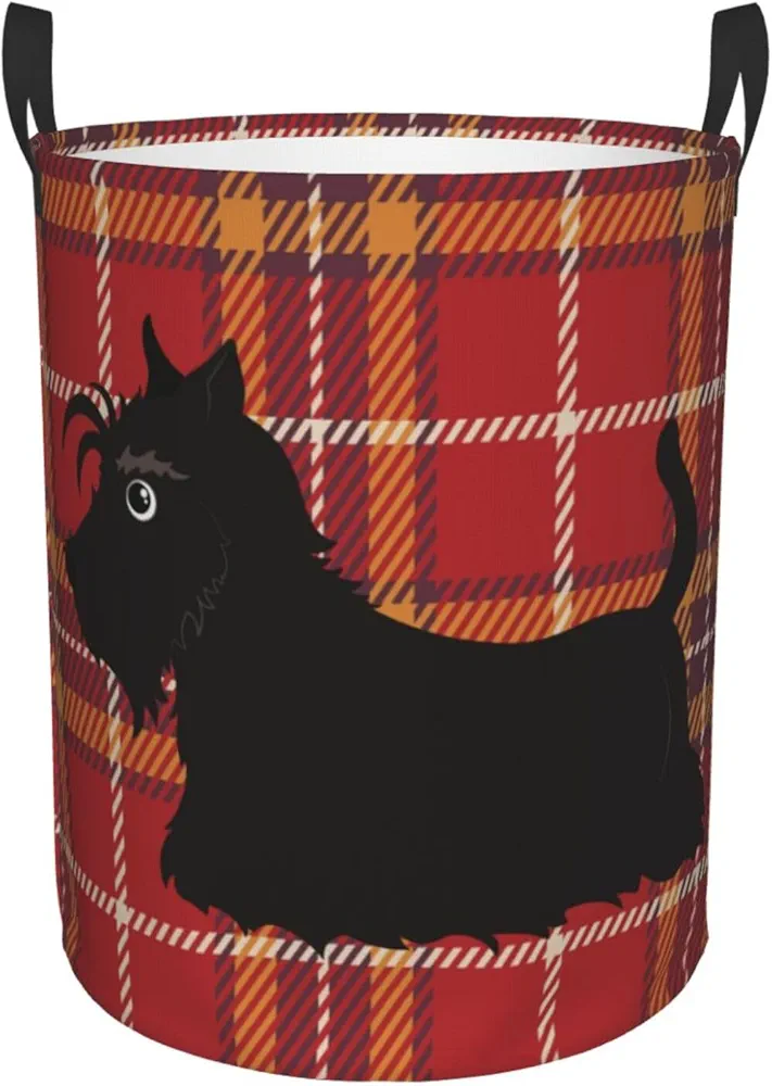 Collapsible Laundry Basket with Handles, Waterproof Oxford Fabric Red Plaid Black Scottish Terrier Pattern Hamper Storage Organizer for Laundry Room Bedroom Bathroom College Dorm