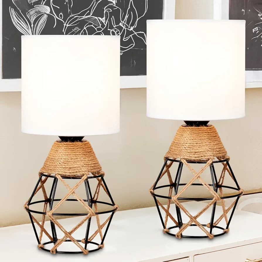 Hamilyeah Table Lamps Set of 2, Woven Lamps for Nightstand with On/Off Switch, Farmhouse Bedside Lamps with White Fabric Shade, Modern Simple Lamps for Bedroom, Living Room