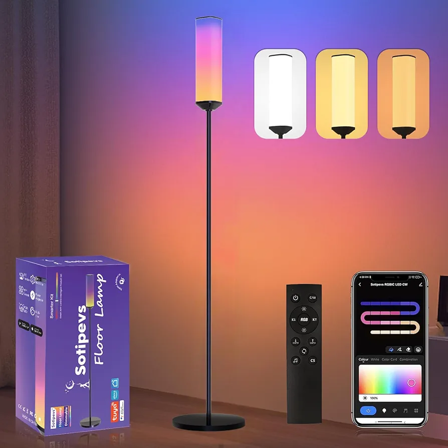 RGB Floor Lamp with Remote Control, 65" LED Corner Lamp Works with Alexa, 1200 Lumens Bright Lamp for Office, 44+ Scenes, DIY Mode, Music Sync, Modern Floor Lamp for Bedroom, Living Room