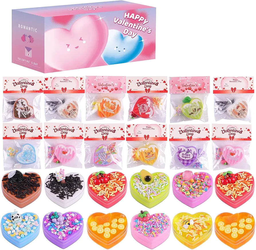 24 Pack Valentines Day Gifts Slime Hearts for Kids Classroom & Party Gifts Exchange, Valentines Cards for Valentine Party Favor, Gift Exchange, Valentine's Greeting Cards for Boys & Girls