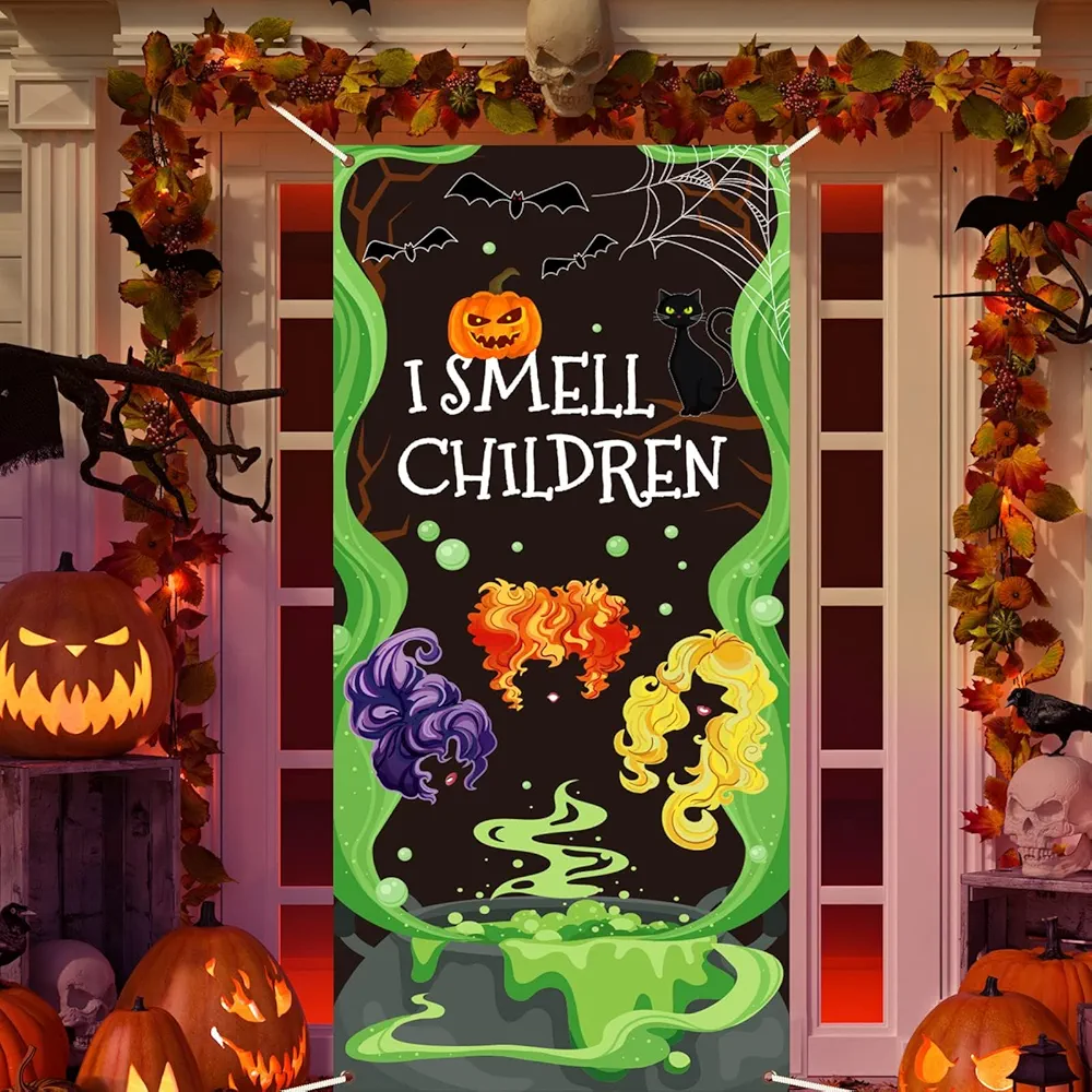 chiazllta Halloween Door Decorations Halloween Witch Door Cover I Smell Children Wall Decoration Sign Front Door or Indoor Home Decor for Witch Sisters Night Party Supplies