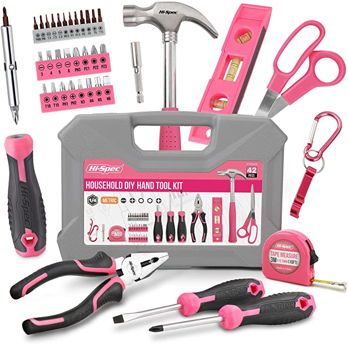 Hi-Spec Pink Household Tool Set, 42 Piece Small Essential Ladies Tool Kit For Home, Garage, Office and College Dorm