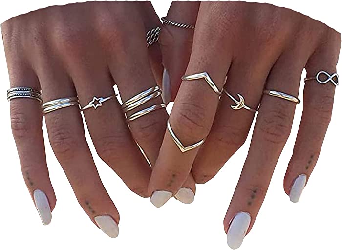 BERYUAN Women 12pcs Rings Silver Rings for Teen Girls Women Ring Set Rings Size 5 6 7 8