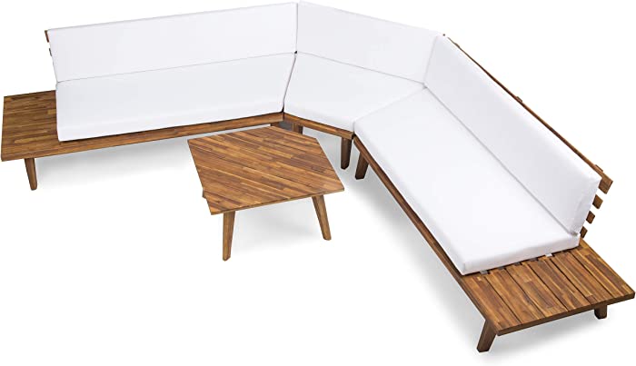 Christopher Knight Home Highpoint Outdoor V-Shaped Acacia Wood Sectional Sofa Set with Water Resistant Cushions, 4-Pcs Set, Sandblast Finish / White