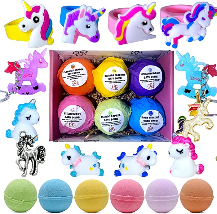 6 Bath Bombs for Kids with Surprise Toys Inside - Cute Unicorns Ring, Keychain, Necklace, Toys and Bonus Unicorn Purse - Bright Multi-Colored Bath fizzies Unicorn Toys)