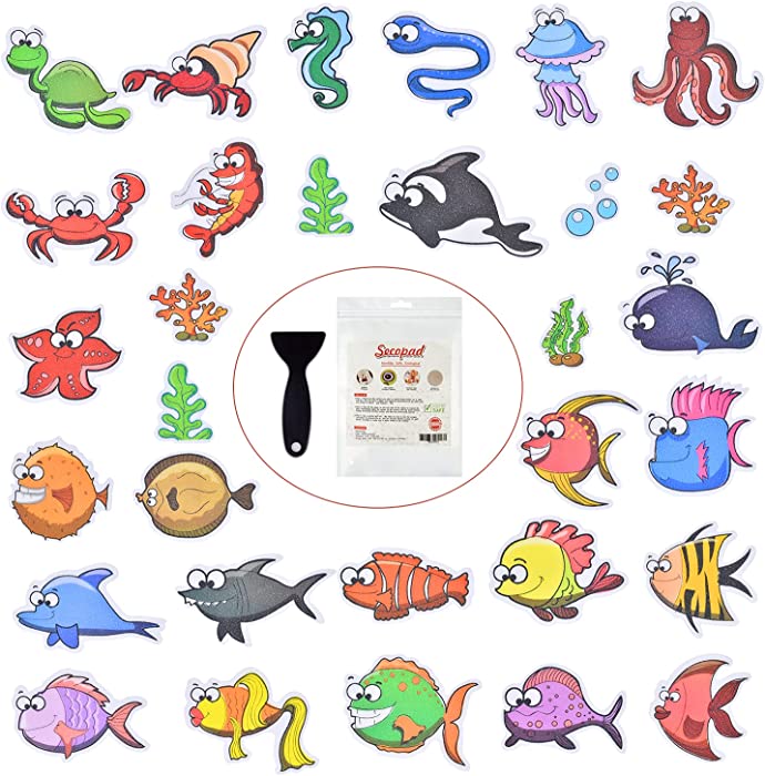 Secopad Non Slip Bathtub Stickers, 31 Large Sea Adhesive Kids Anti Slip Decal Threads for Shower and Bath Tub with Premium Scraper, Each Design About 4.0" x 4.0"