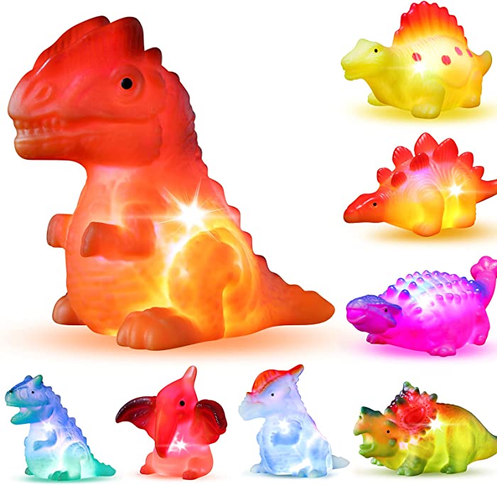 Bakatatoyz 8 Pack Light up Floating Dinosaur Bath Toy Set, Flashing Color Changing Light in Water, Dino Bathtub Bathroom tub Pool Toy for Baby Infant Kid Toddler Child Boy Girl Preschool in Christmas