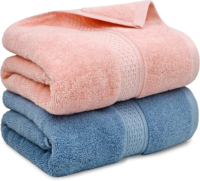 Cleanbear Ultra Soft Bath Towel Set of 2, 100% Cotton Towels for Shower, Spa or Swim Use, Medium Weight Extra Absorbent Bath Towels 55 x 27 1/2 Inches (Pink, Blue-Grey)