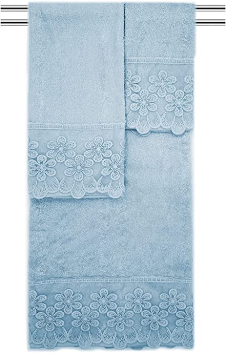 Florentina 3-Piece Floral Embroidered Cotton Decorative Bath Towel Set, Blue