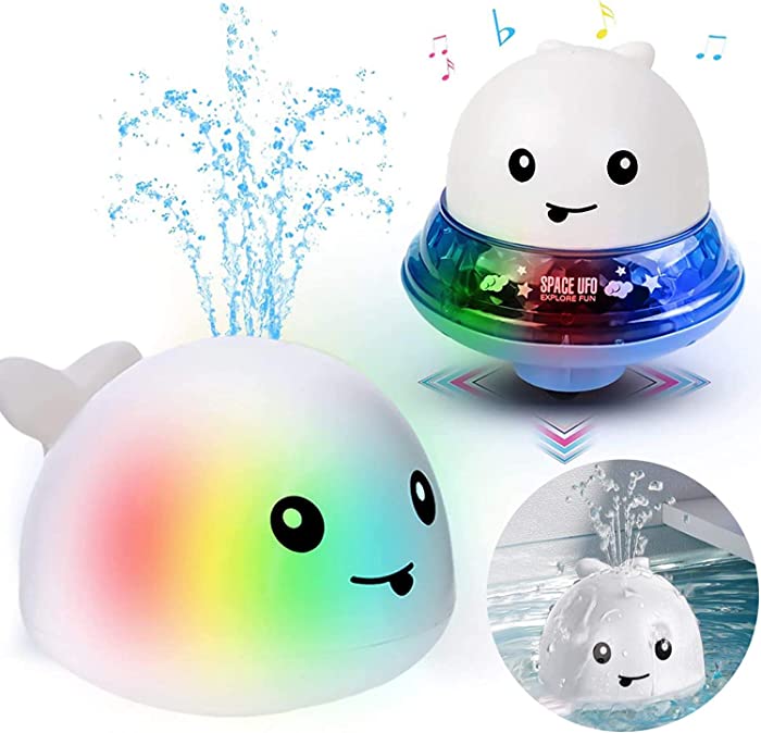 Bath Toys, 2 in 1 Automatic Spray Water Toys & Space UFO Car Toys Musical Fountain Toy, Sprinkler Baby Bath Toys for Toddlers Kids Boys Bathtub Toys Pool Bathroom Toy (White)