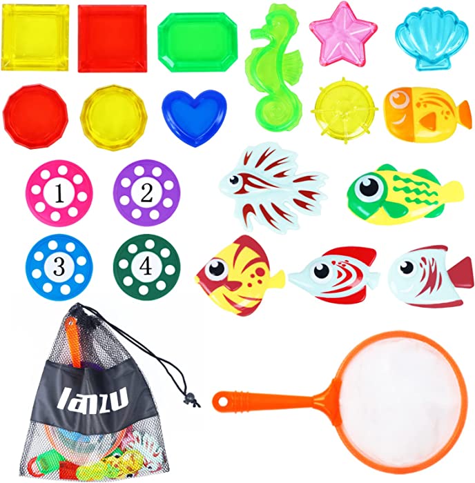 Lamzu 21 PCS Swimming Pool Toys,Diving Toys with Storage Bag Includes Fishing Net, Fish , Diving Gems , Diving Shell and Puffer Fish,Summer Fun Party Underwater Swimming Pool Toys for Kids