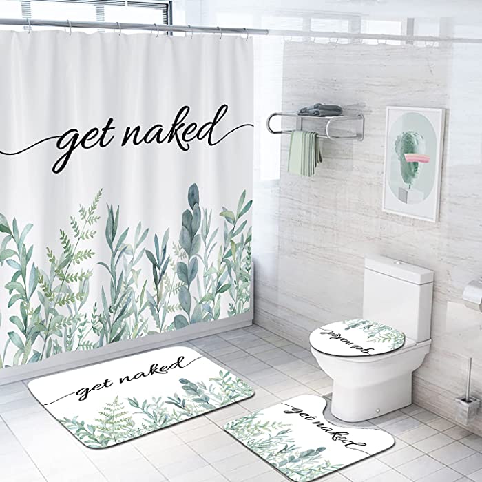 Coxila Get Naked Shower Curtain Sets Bath Mat 4 Pcs Decor Bathroom Funny Green Leaves Flower Floral Cool Quotes Contour Mat Toilet Lid Cover U Shaped Non-Slip Rug Fabric Polyester 60x72 Inch