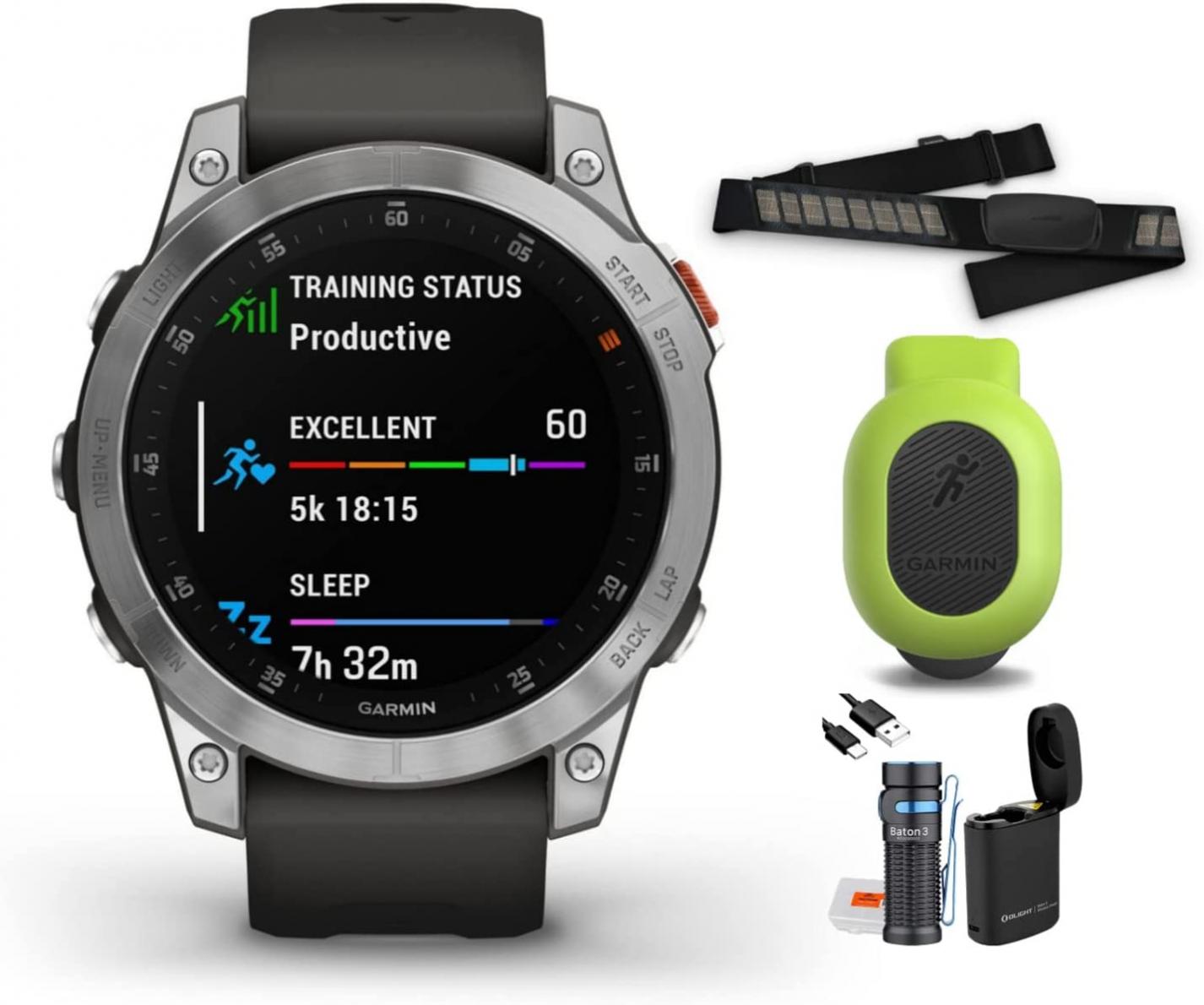 Garmin Epix Gen 2 Smartwatch (Slate Steel) with Olight Baton 3 Premium Edition USB Flashlight (Black), HRM-Dual Heart Rate Monitor Strap Running Dynamics Pod Bundle (4 Items)