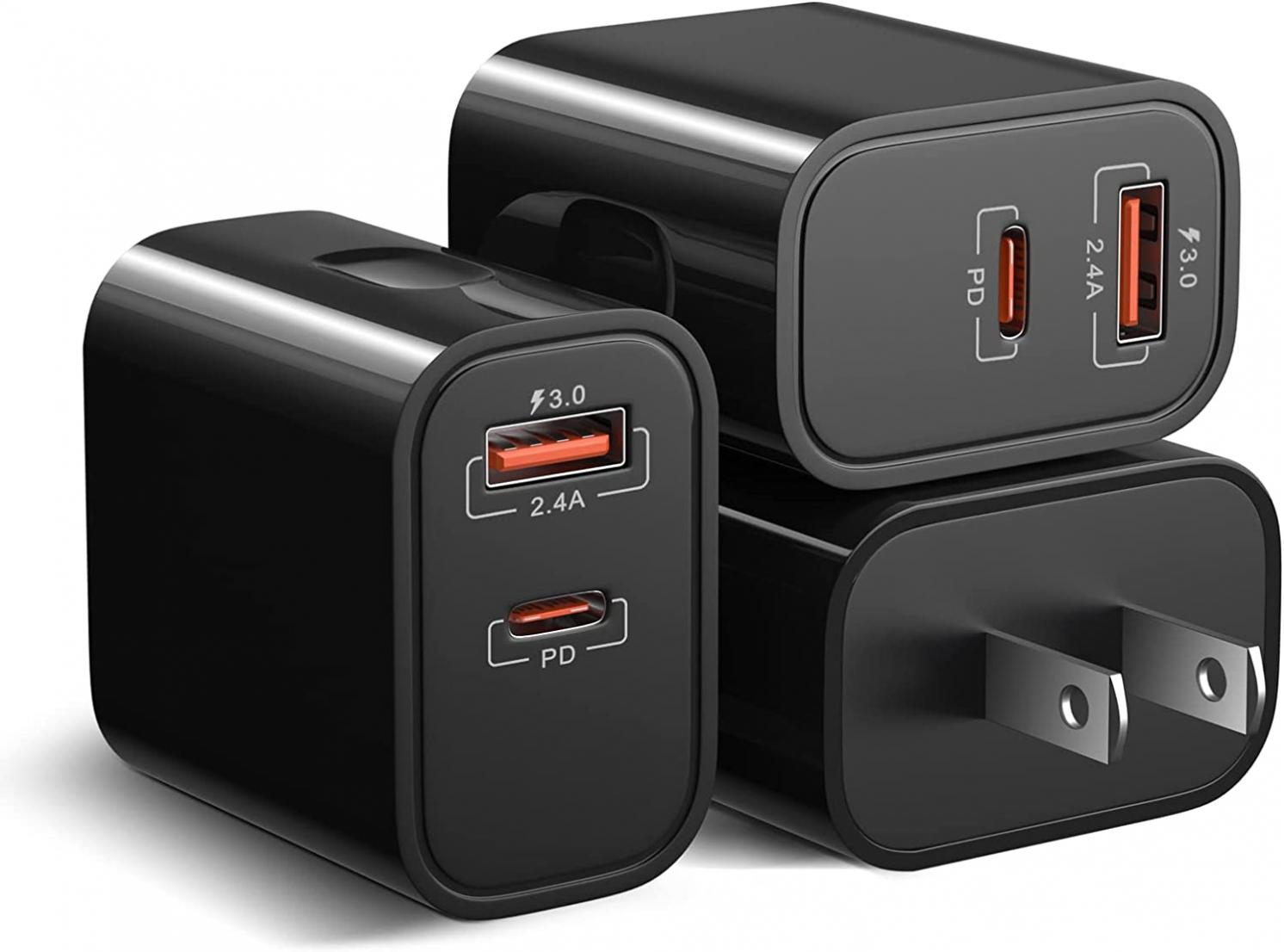 USB C Charging Block, 20W Dual Port USB C Wall Charger for iPhone 14 Pro Max/13/12/11/XR/iPad/AirPods Pro, Samsung Galaxy S21/Note20,QC 3.0 Fast Charging Box for S9/S8/S7,Pixel,Watch SE (3Pack,Black)