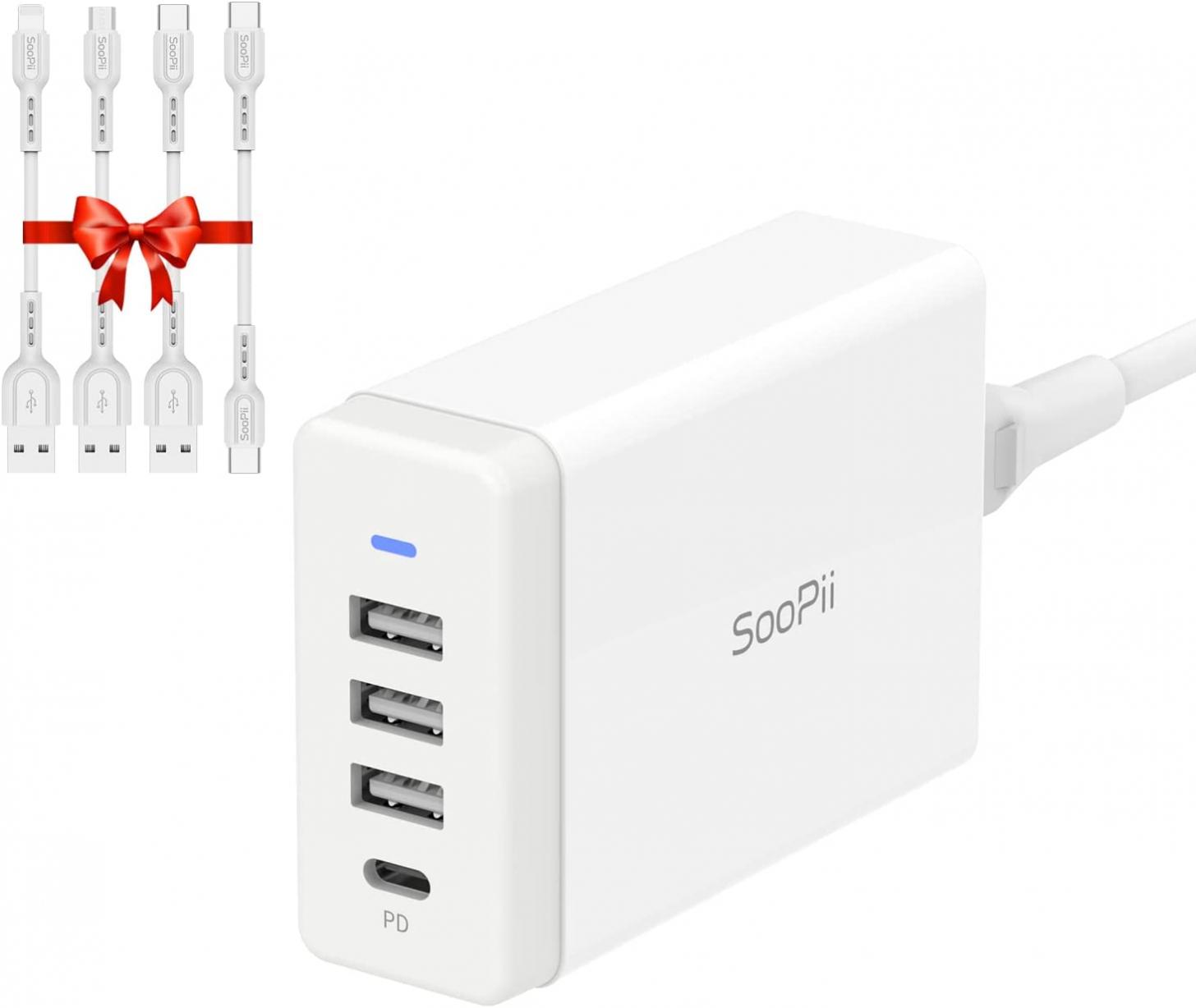 SooPii 40W USB Charging Station,4 Port USB Charger Station with One Port PD/PPS 25W for Multiple Devices,4 Mixed Charging Cables Included,Compatible with lPhone,lPad,Samsung Galaxy,Note,LG,HTC.