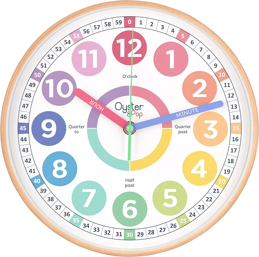 Oyster&Pop Pastel Learning Clock for Kids - Telling Time Teaching Clock - Silent Kids Wall Clocks - Kids Room Wall Decor - Analog Kids Clock for Teaching Time - Kids Learn to Tell Time Easily