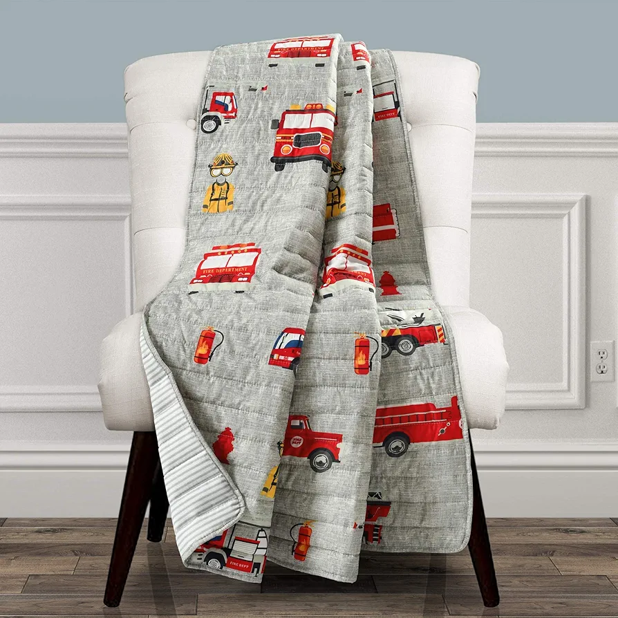 Lush Decor Fire Truck Throw Blanket, Red & Gray, 50" W x 60" L - Toddler Blanket - Reversible Stripe Print Quilted Throw for Kids Room