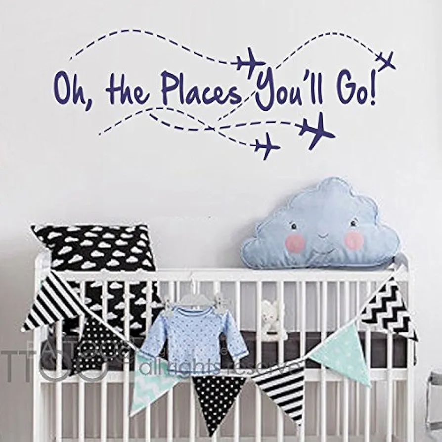 BATTOO Airplane Wall Decal - Oh The places you'll go - Nursery Wall Decal Quote - Airplane - Pilot Wall Decal - Boy Wall Sticker Girl Decor(navy blue, 22"WX8.5"H)