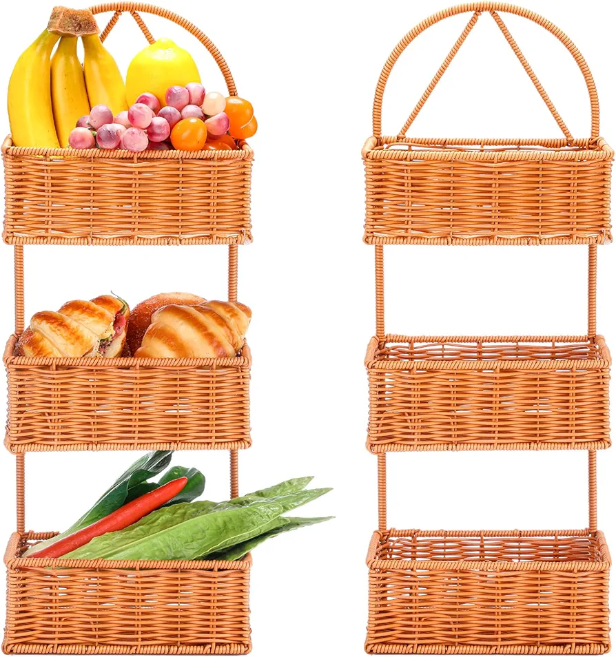 2 Pcs 3 Tier Hanging Fruit Basket with hook Wall Hanging Fruit Bowl Hand Woven 3 Tier Basket Stand Tiered Fruit Stand Vegetables Display Baskets for Kitchen Organizing Boho Room Kitchen