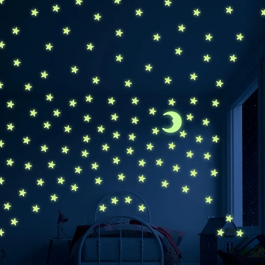 Glow in The Dark Star Stickers 100Pcs Stars for Ceiling,3D Glowing Stars with Moon,Adhesive Glowing Stars for Ceiling,Wall Decorations,Room Decor,Birthday Gift