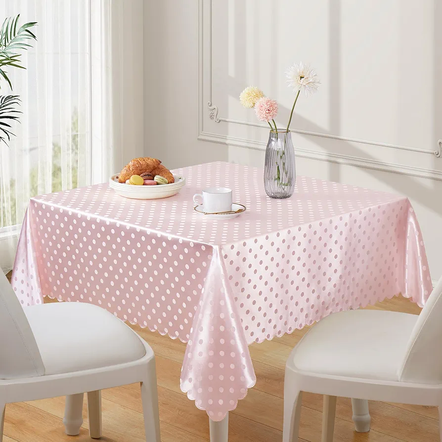 Blush Pink Polka Dot Satin Table Cloth 52 x 52 Inches,Square Blush Pink Tablecloth Stain Resistant Wrinkle Free Silkly Soft Table Cloths for Dining Room, Indoor and Outdoor Use