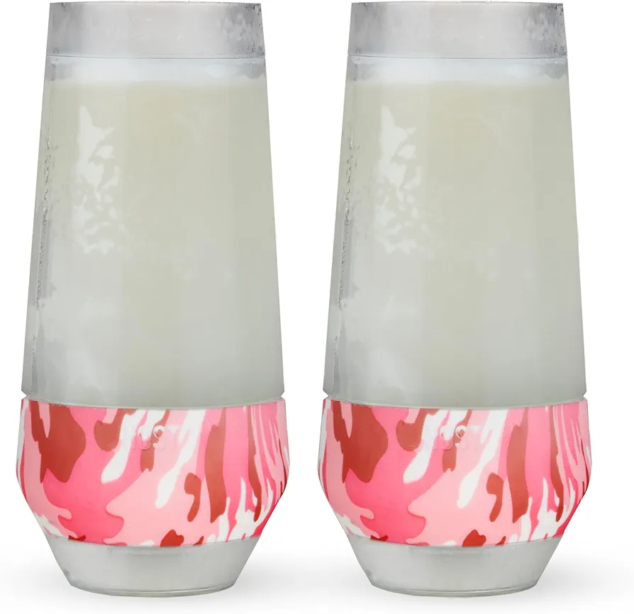 HOST Champagne Freeze Double-Walled Stemless Wine Glasses Freezer Cups with Active Cooling Gel and Insulated Silicone Grip, 9 Oz Plastic Tumblers, Pink Camo, Set of 2