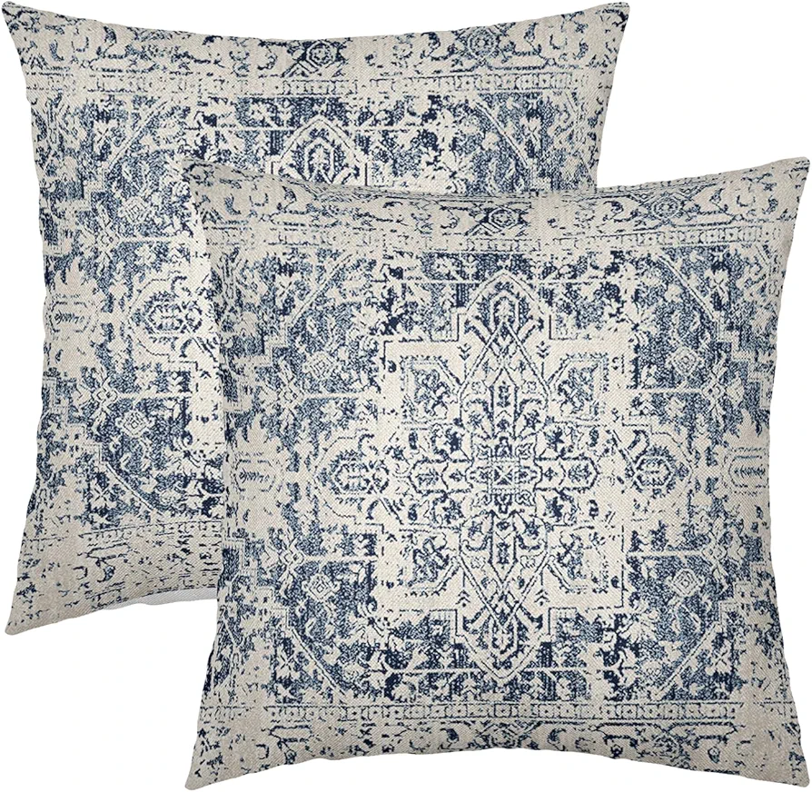 Boho Ethnic Pillow Covers 18x18 Inch Set of 2 Bohemian Carpet Throw Pillows For Couch Navy Blue Grey Geometric Floral Decorative Pillow Cases Farmhouse Home Decor For Sofa Porch Patio Bed Room Outdoor