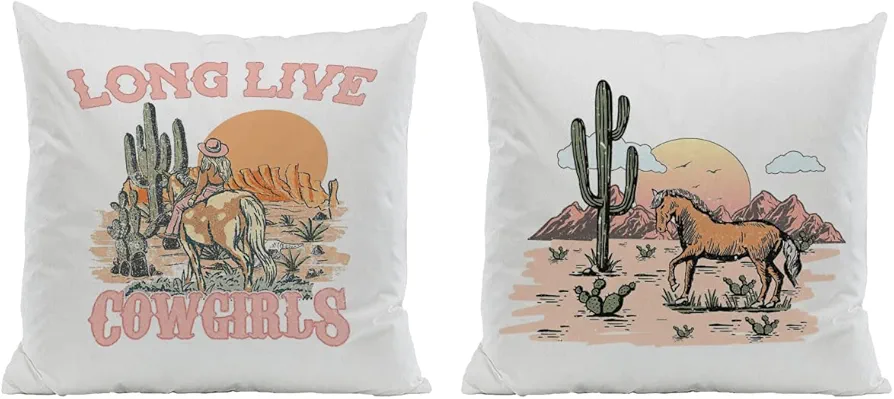 Love Live Cowgirls Retro Western Country Cowboy Horse Cactus Desert Landscape Reversible Throw Pillow Cover Decoration for Home Bedroom Living Room,Gifts for Cowgirl Teen Girls,18×18 Inch Set of 2