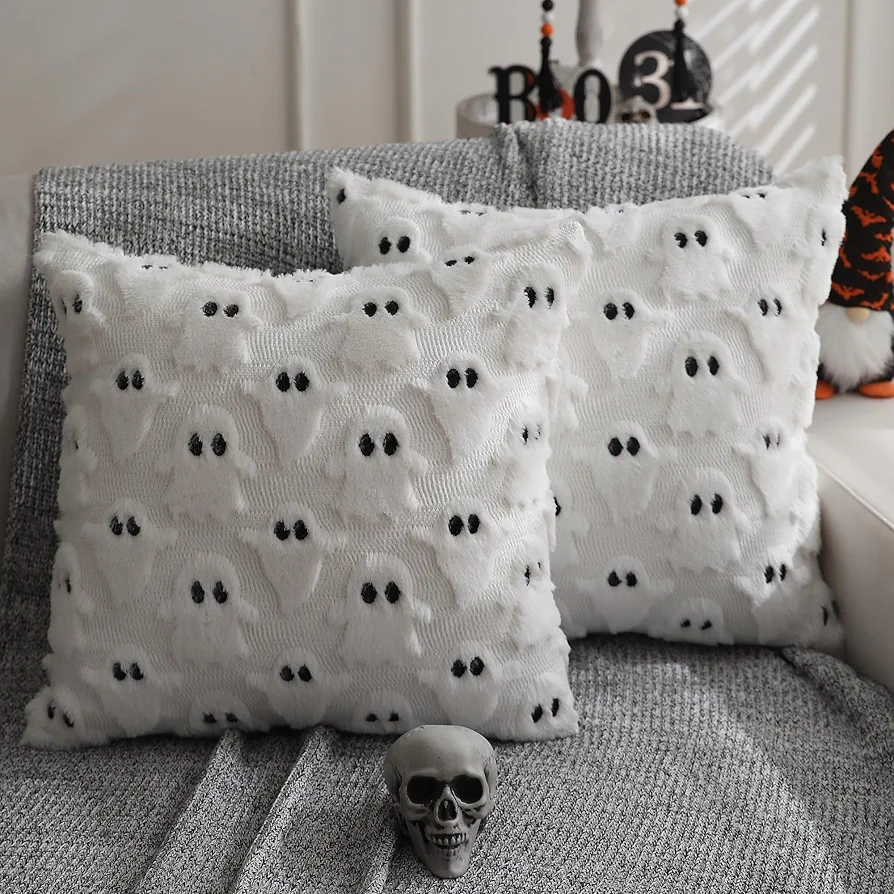 DFXSZ Halloween Pillow Covers 20x20 inch Set of 2 White Ghost Throw Pillow Cases Soft Plush Faux Fur Wool Couch Cushion Case for Chair Sofa Bedroom Living Room Home Decor PTK03A20