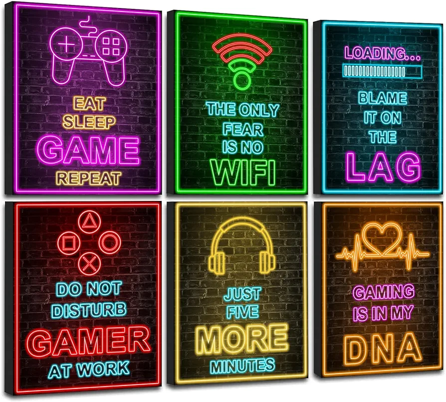 Framed Gamer Room decor, Printed Neon Canvas Video Game Decor, Gaming Wall Art for Boys Bedroom Gamer Game Room Boys Room (Set of 6, 8x10 inch, Framed)