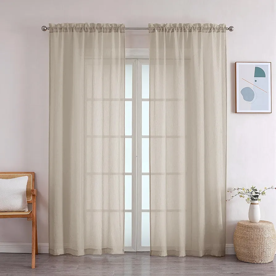 OWENIE Crushed Taupe Sheer Curtains 84 Inch Length 2 Panels Set for Living Room/Bedroom, Rod Pocket Taupe Light Filtering Semi Sheer Crinkled Curtains, 2 pcs, Each 42" W x 84" L