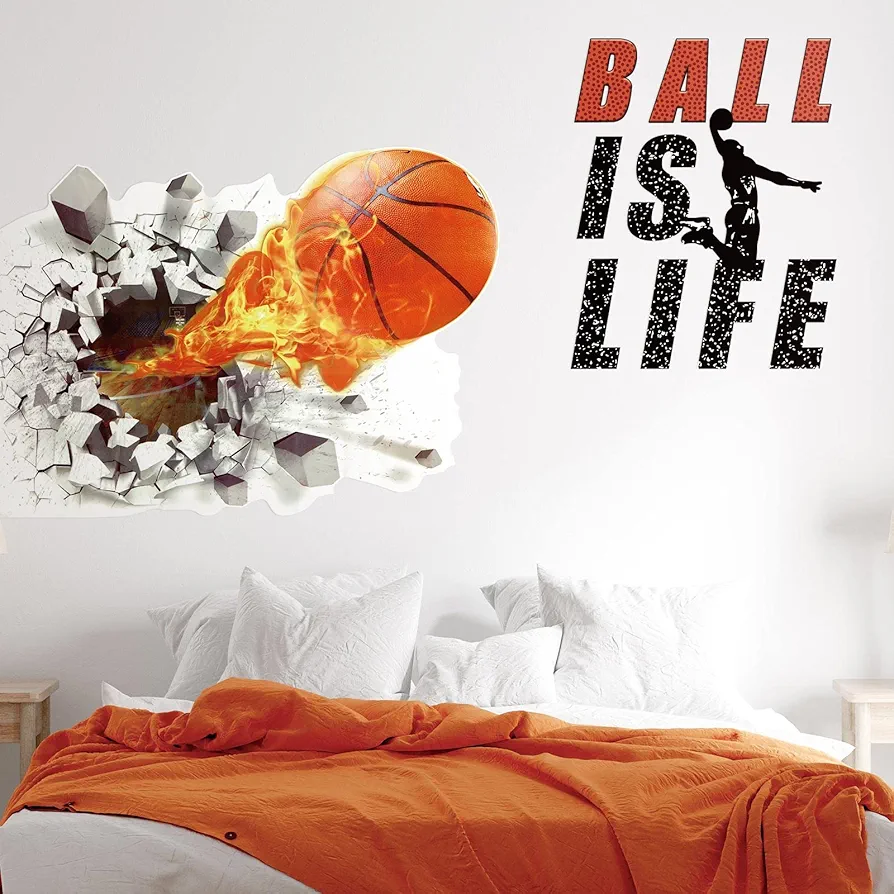 Basketball Wall Decal 3D Self Adhesive Removable Break Through The Wall Vinyl Wall Stickers Ball is Life Wall Decal Dunk Silhouette Stickers Basketball Room Decor for Boys Bedroom, 18 x 38 Inch