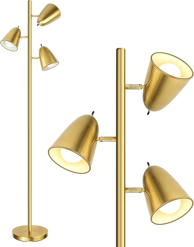 QiMH Tree Floor Lamp with 3 Light Bulbs, Standing Tall Pole Lamps for Living Room Bedroom Office, Reading Stand up Lamps with 3 Adjustable Arms, Brushed Gold