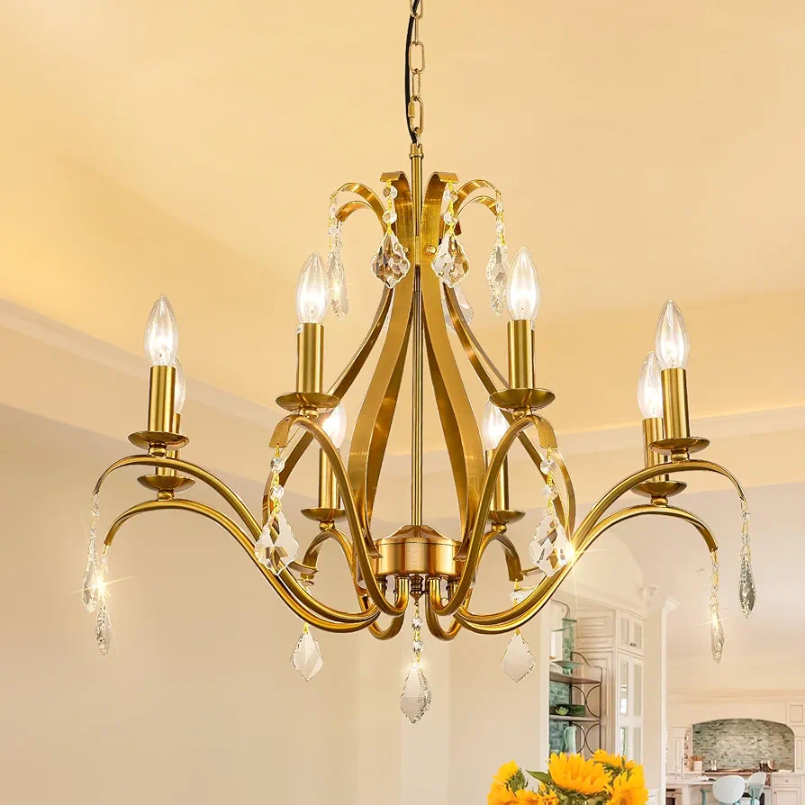 Gold Chandelier Light Fixtures Farmhouse: Modern Chandeliers for Dining Room, 8-Light Gold Crystal Chandelier, Foyer Chandeliers for High Ceilings, for Entryway,kitchen,Bedroom,Living Room,Staircase