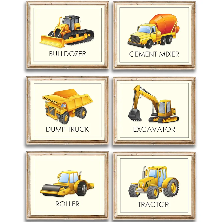 Boys Trucks Construction Wall Décor (Set of 6) Art Print - 8x10 (Unframed) | Room Décor for Little Builders and Truck Enthusiasts | Living Room Décor for Boys | Inspire Imagination and Adventure